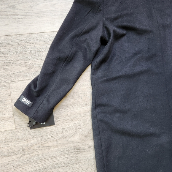 DKNY Black Wool Coat Womens Xl Long Zipper Pockets Button - Picture 2 of 14